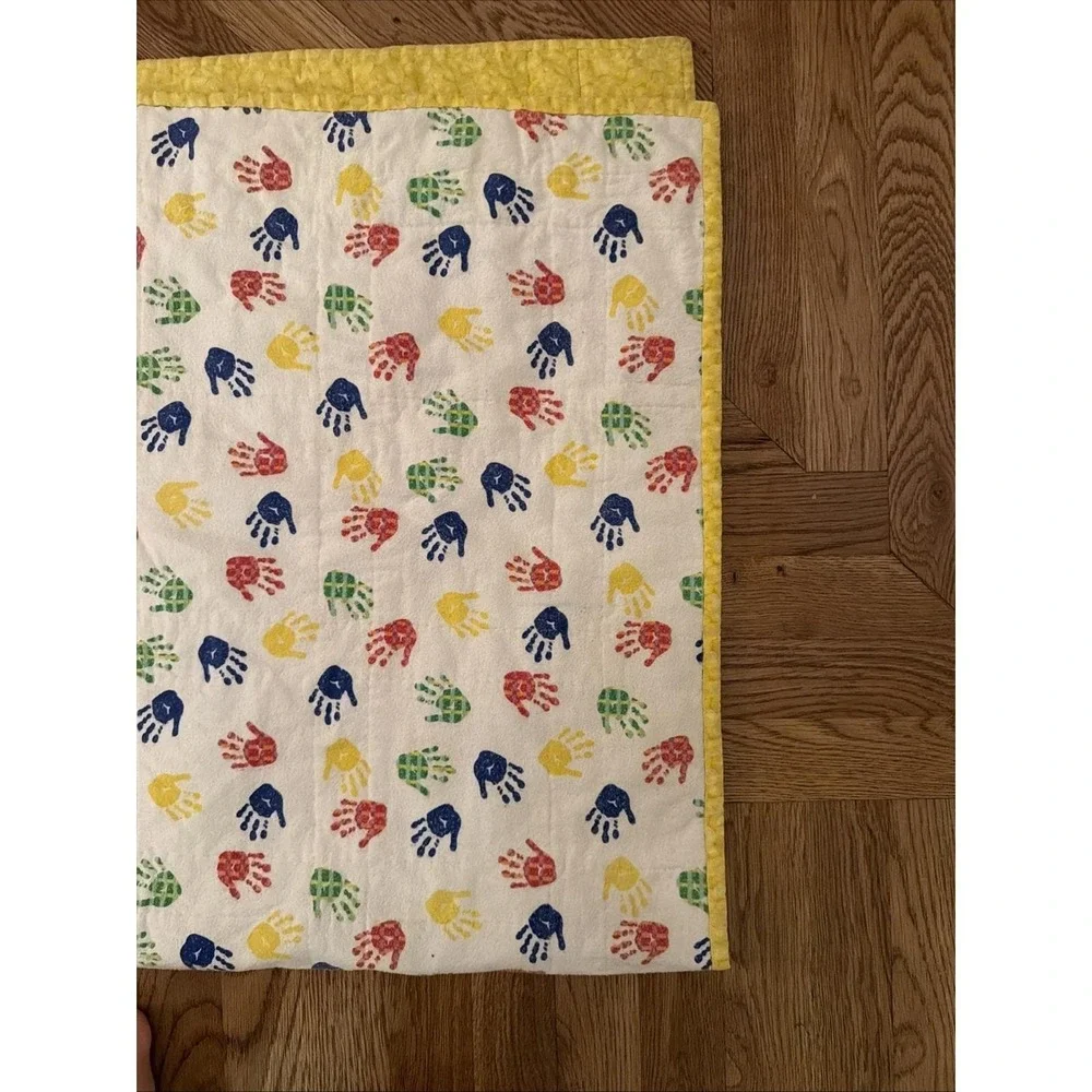 Handmade Children's Alphabet Yellow White Quilt Squares Handprint Back 48.5